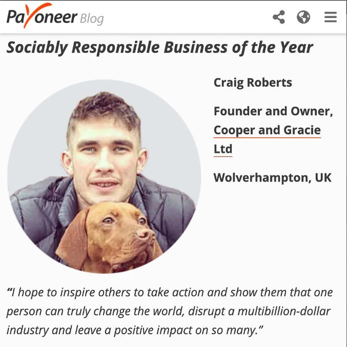 Cooper & Gracie: Payoneer's Socially Responsible Business of the Year