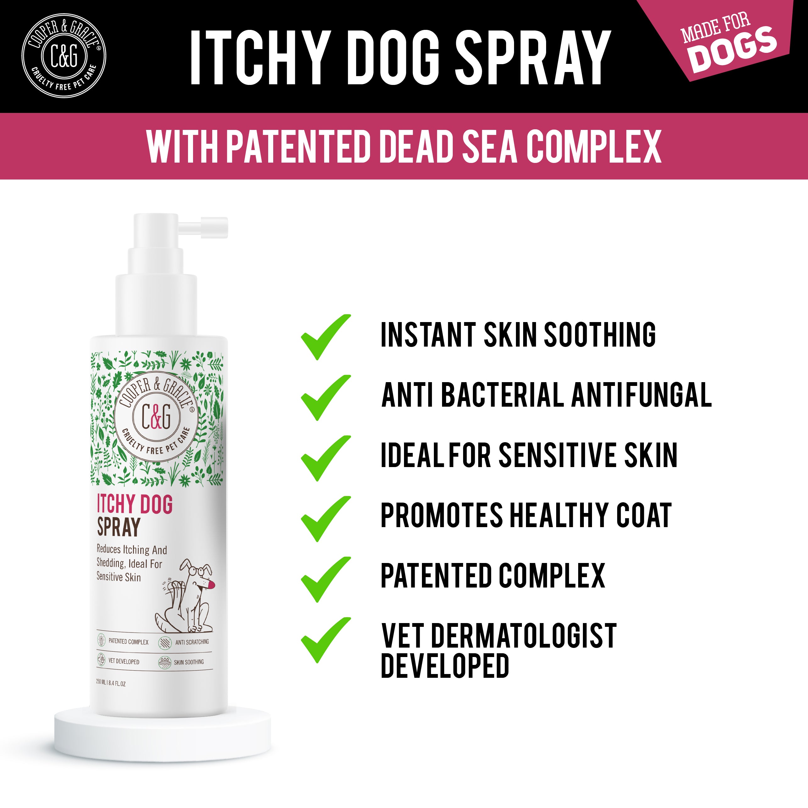Dead Sea Anti-Bacterial & Anti-Fungal Dog Spray – 250ml – Soothes Itchy Skin Naturally US