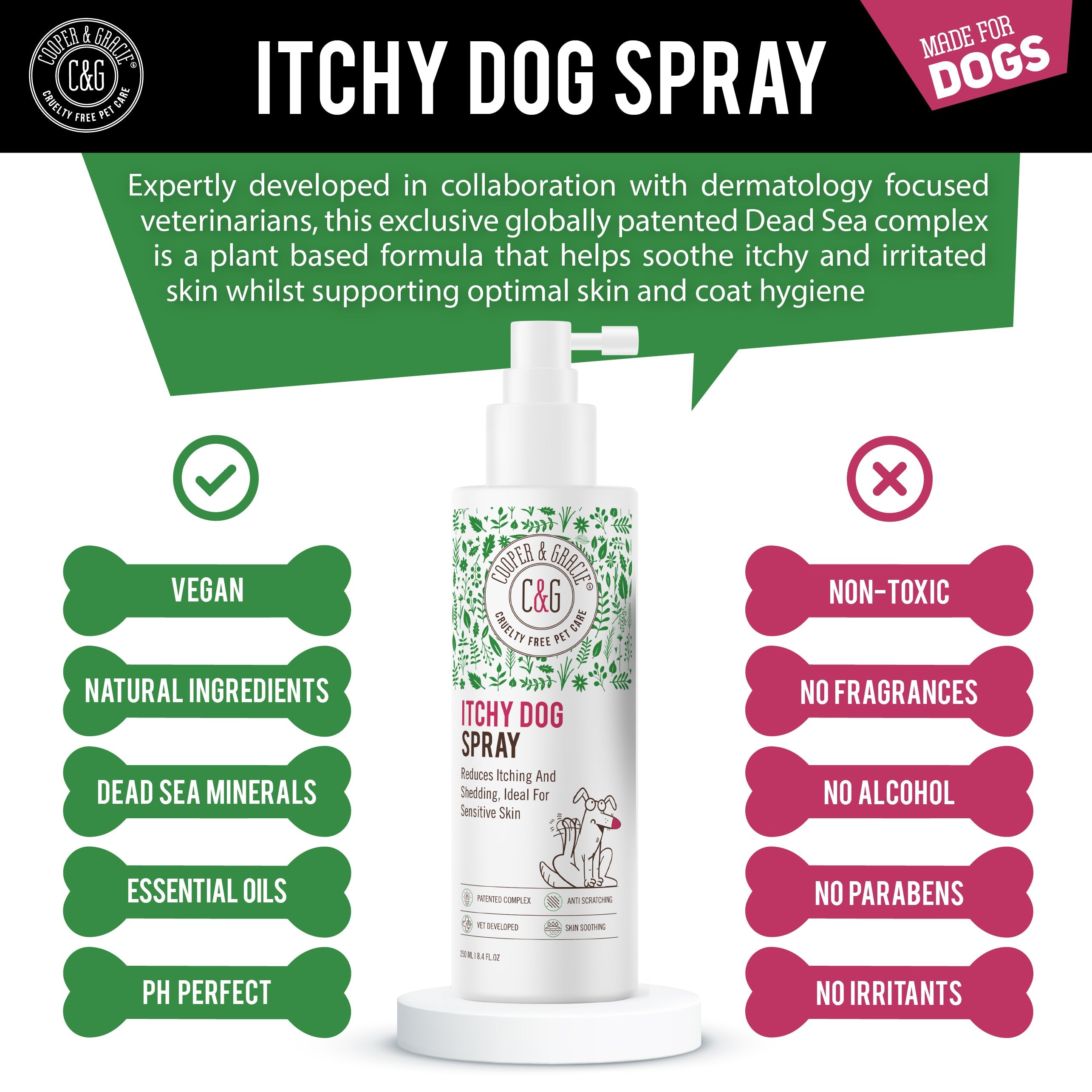 Dead Sea Anti-Bacterial & Anti-Fungal Dog Spray – 250ml – Soothes Itchy Skin Naturally US