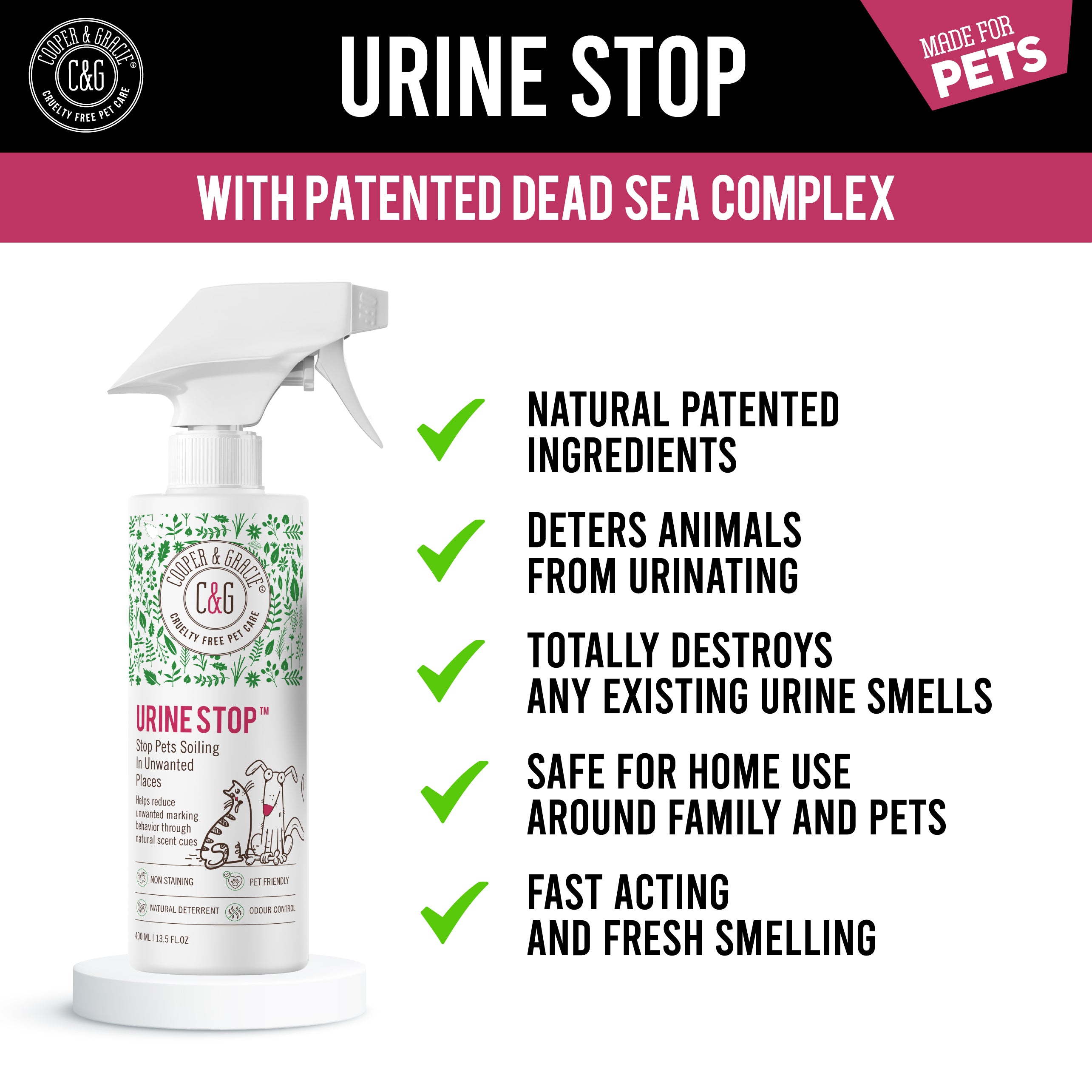 Dead Sea Urine Stop Spray – 400ml – Natural Indoor Dog & Cat Urine Deterrent & Odour Neutraliser