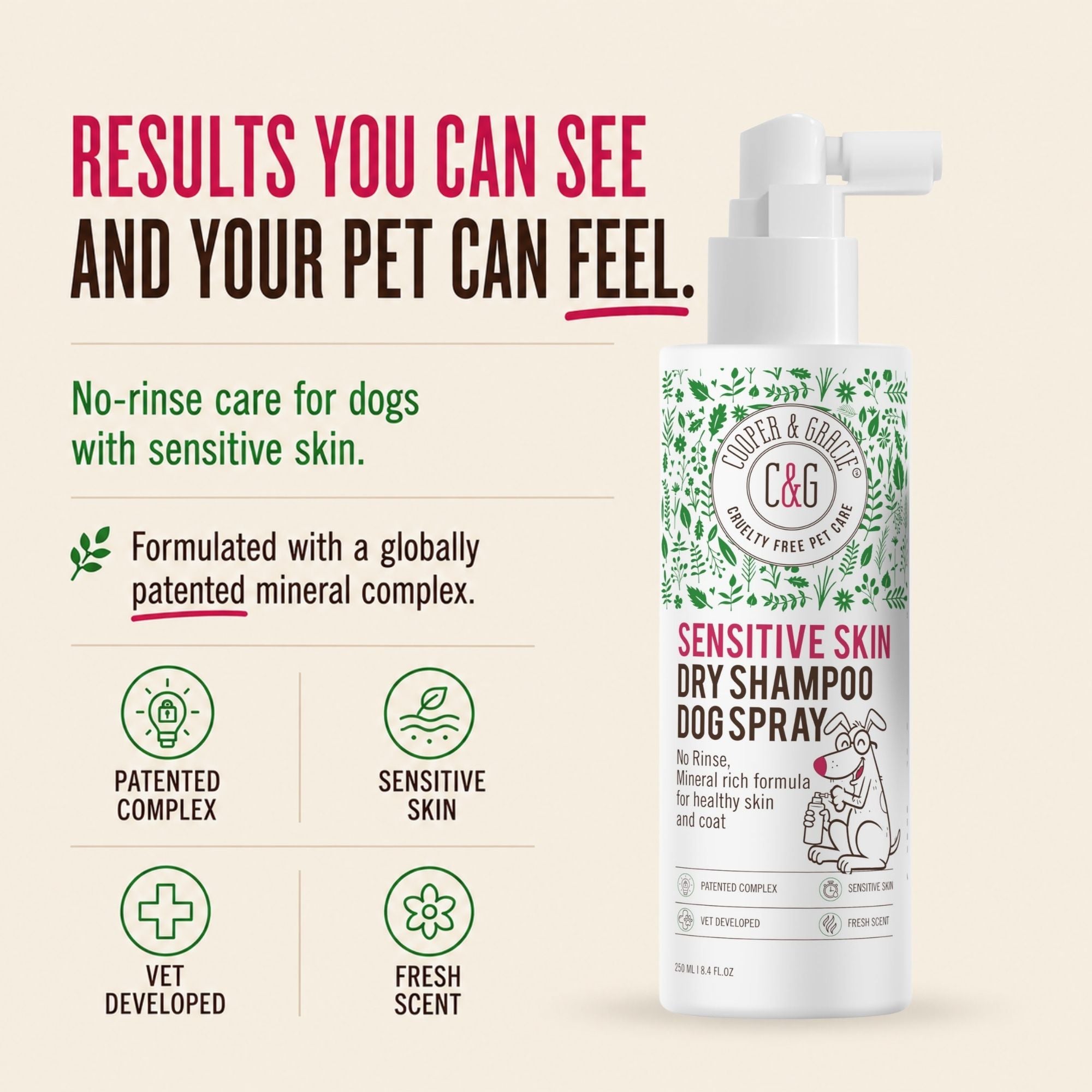 Cooper and Gracie Sensitive Skin Dry Shampoo Dog Spray, No Rinse Mist