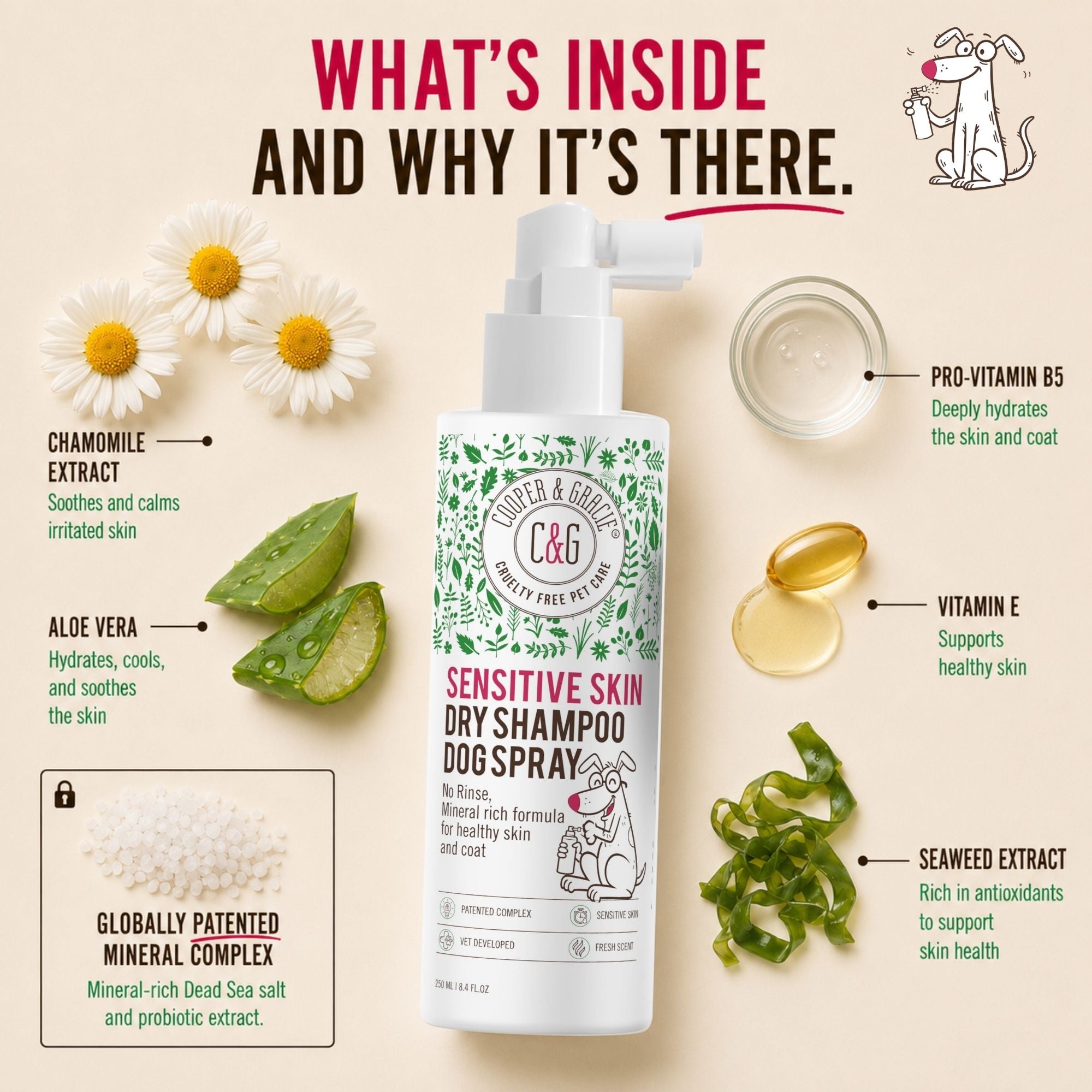 Cooper and Gracie Sensitive Skin Dry Shampoo Dog Spray, No Rinse Mist