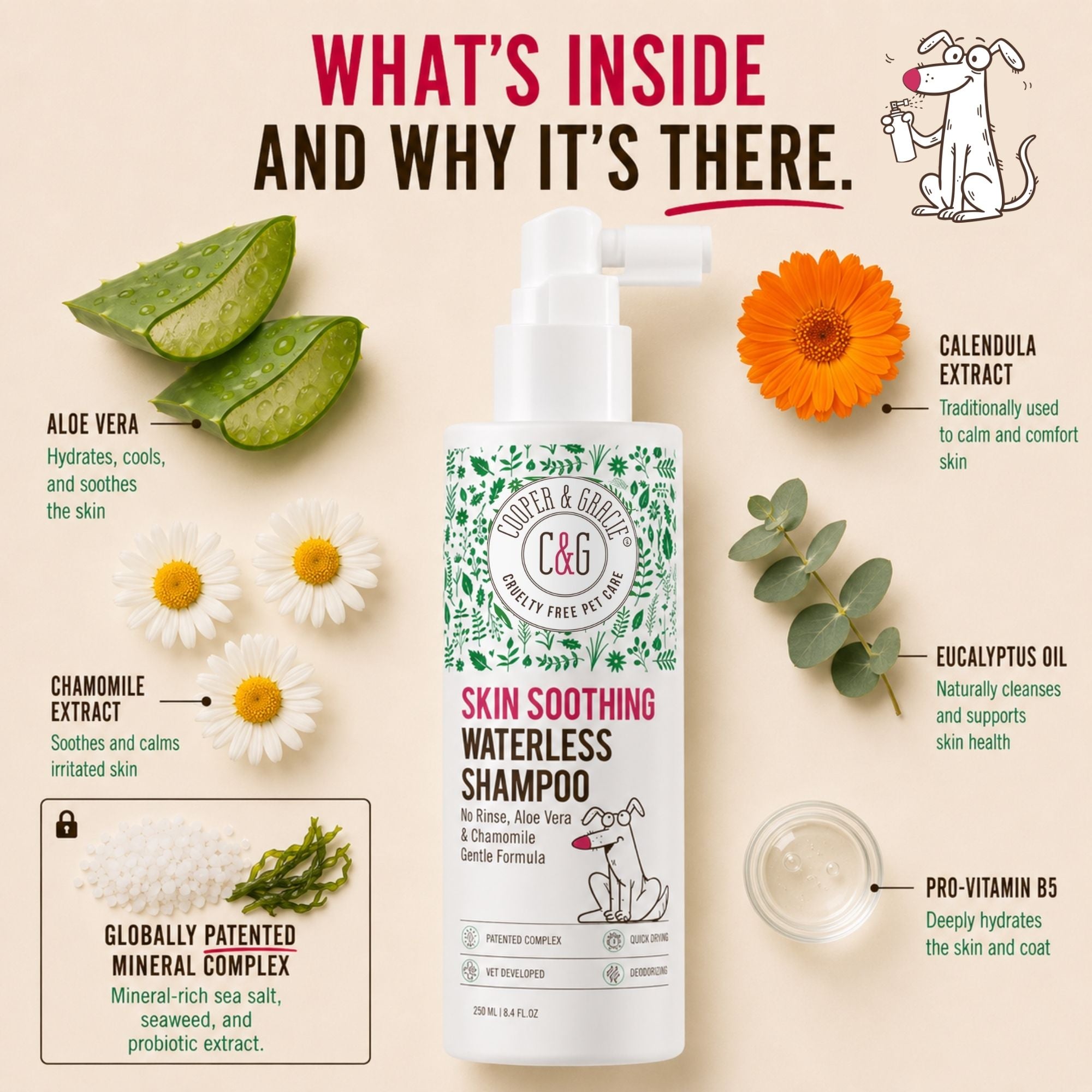 Cooper and Gracie Skin Soothing Waterless Dog Shampoo, Aloe and Chamomile
